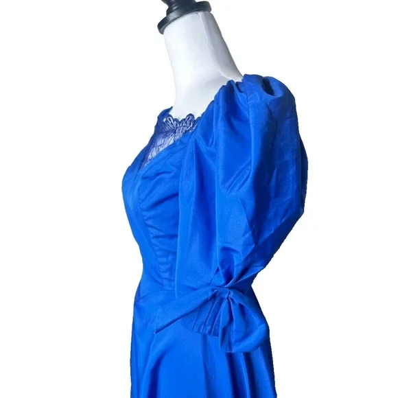 Vintage 1980's ILGWU Blue Evening Gown Prom Dress Sweeping Prairie Puff Sleeve - Picture 4 of 12